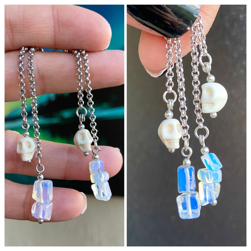 White Skull & opalite stainless steel earrings - Picture 1 of 15